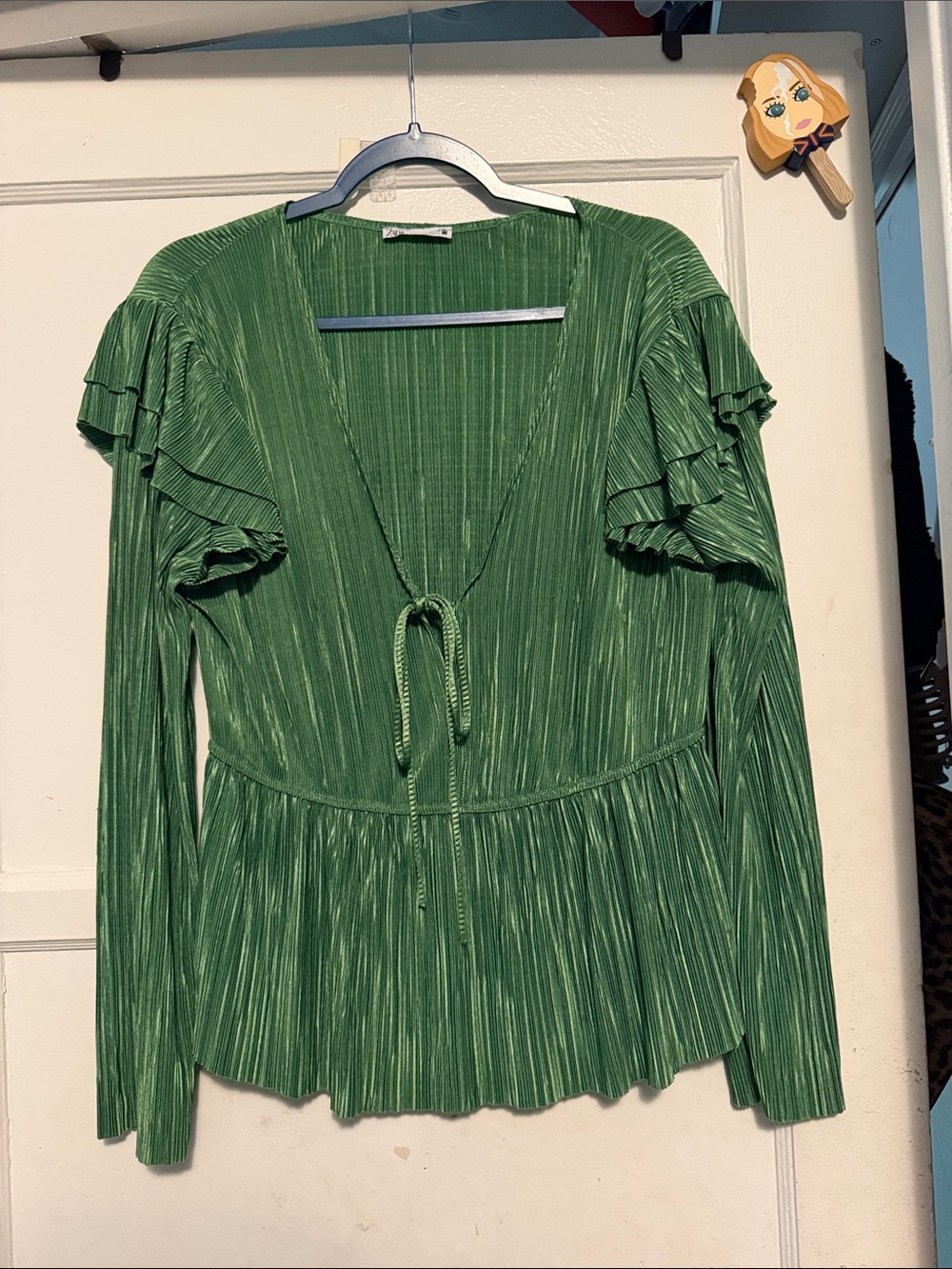 Zara Green Ruffle Long-Sleeve Tie-Front Top